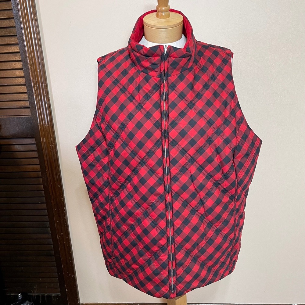 Jones New York Sport Woman Reversible‎ Quilted Vest Red Buffalo Plaid Plus 2X